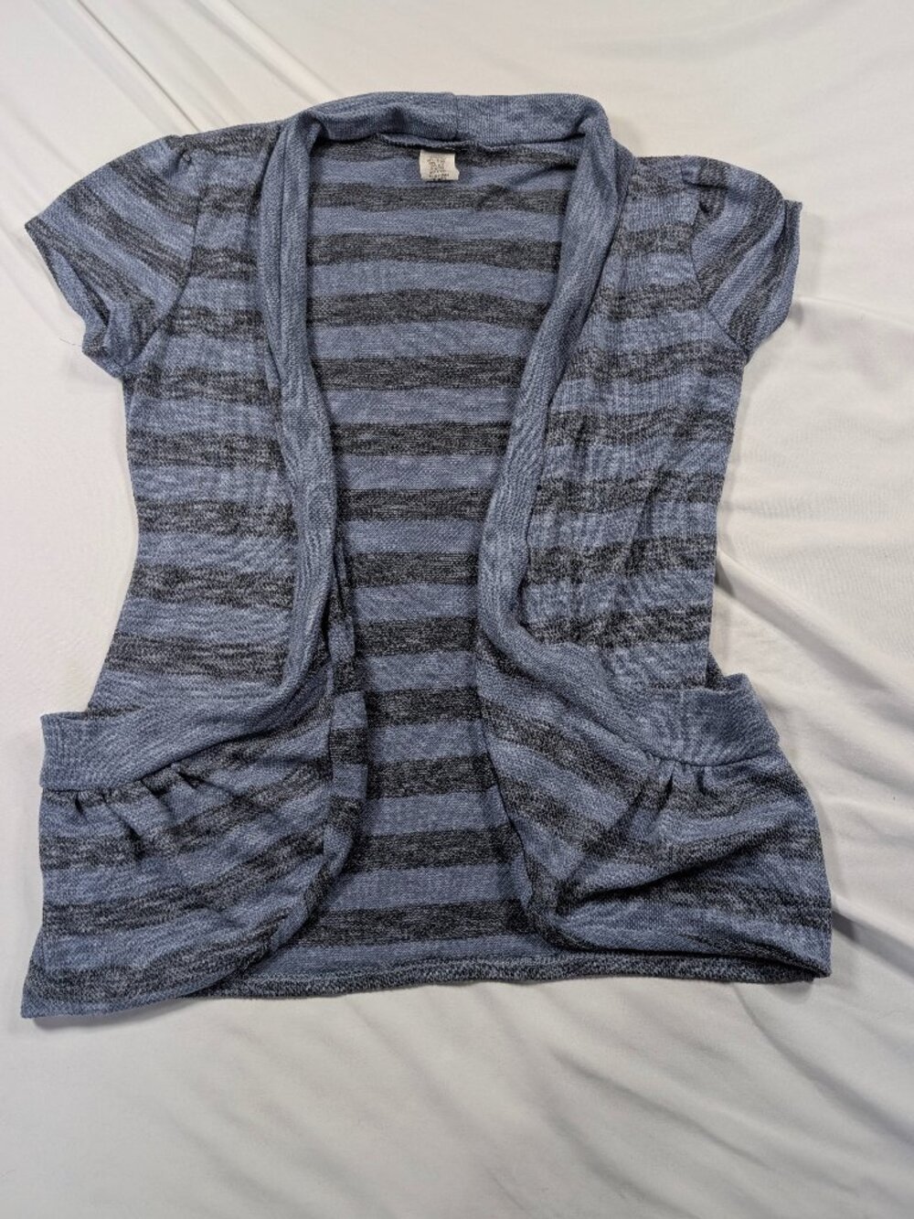 Vanity Blue Grey Striped Short Sleeve Open Front Cardigan Pockets M
